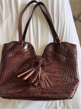 Croc-Embossed Brown Tassel Tote Bag